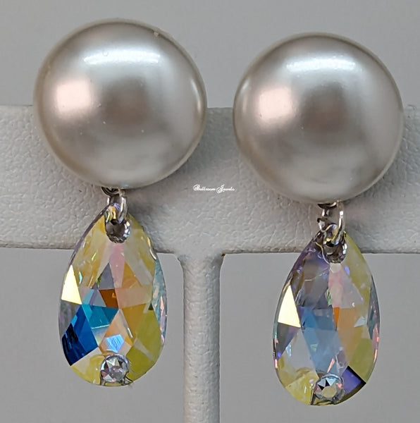 Pearl button and AB Austrian crystal drop earring