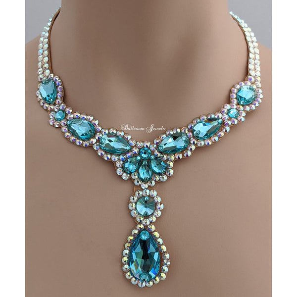 Pears and drop ballroom necklace in Light Turquoise blue