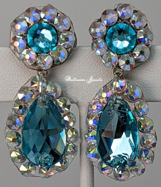 Ballroom crystal round and pear drop earring- light turquoise