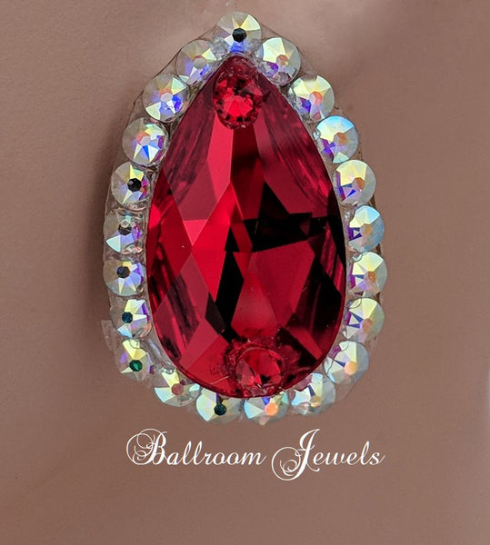 Large pear crystal ballroom earrings -  Light Siam Red