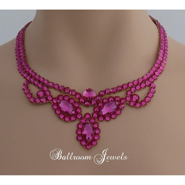 Three Navette Ballroom Necklace Swarovski Crystal in Fuchsia - Swarovski Necklace - Ballroom Jewels