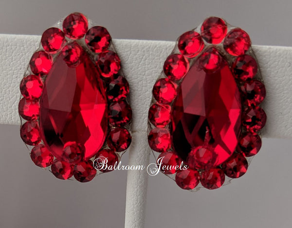 Pear crystal ballroom earrings  -  light siam red