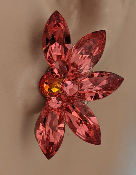 Half Flower crystal ballroom earrings - Peach (Padparadscha)
