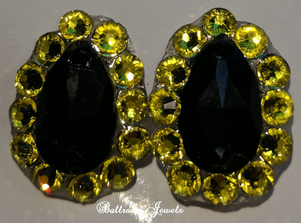 Pear crystal ballroom earrings - Jet black and Citrine Yellow