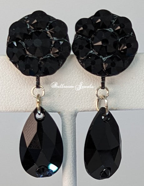 Flower and pear dangle crystal earring - Jet Black