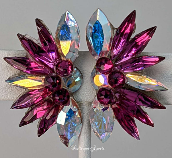 Larger spray crystal ballroom earrings - in Fuchsia