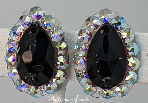 Large jet pear surrounded by aurora borealis crystals ballroom earrings - Jet black