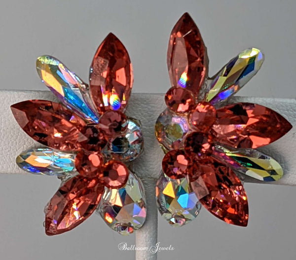 Crystal Spray Ballroom Earrings - Padparadscha Peach and AB
