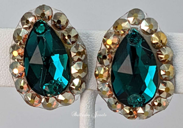 Pear crystal ballroom earrings - emerald green and gold