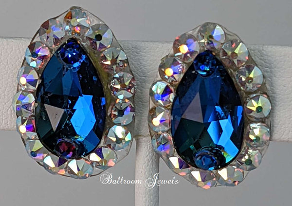 Medium size pear crystal ballroom earrings - Meridian Blue
